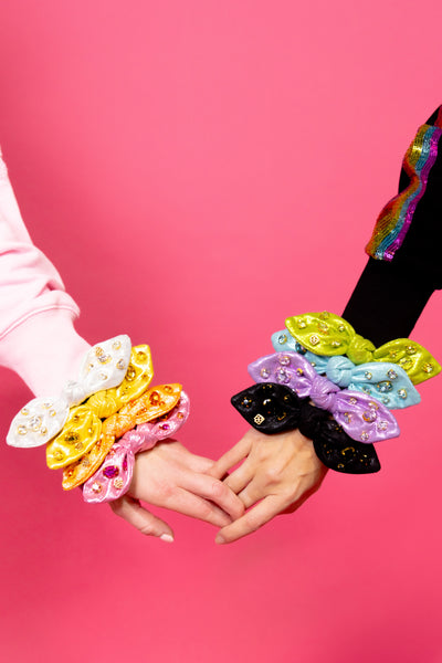 Shimmer Bow Scrunchie with Hand Sewn Crystals in Purple