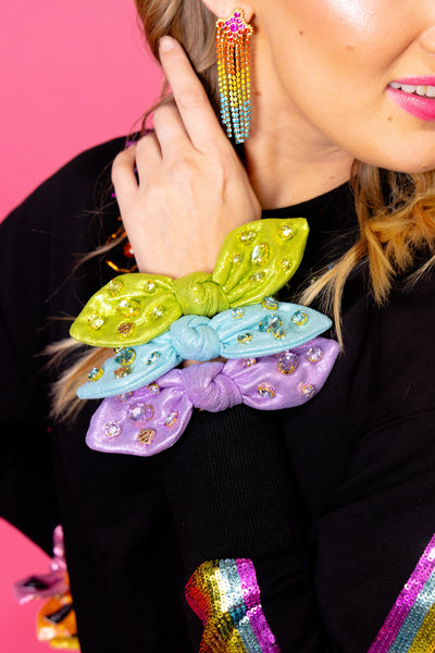 Shimmer Bow Scrunchie with Hand Sewn Crystals in Purple