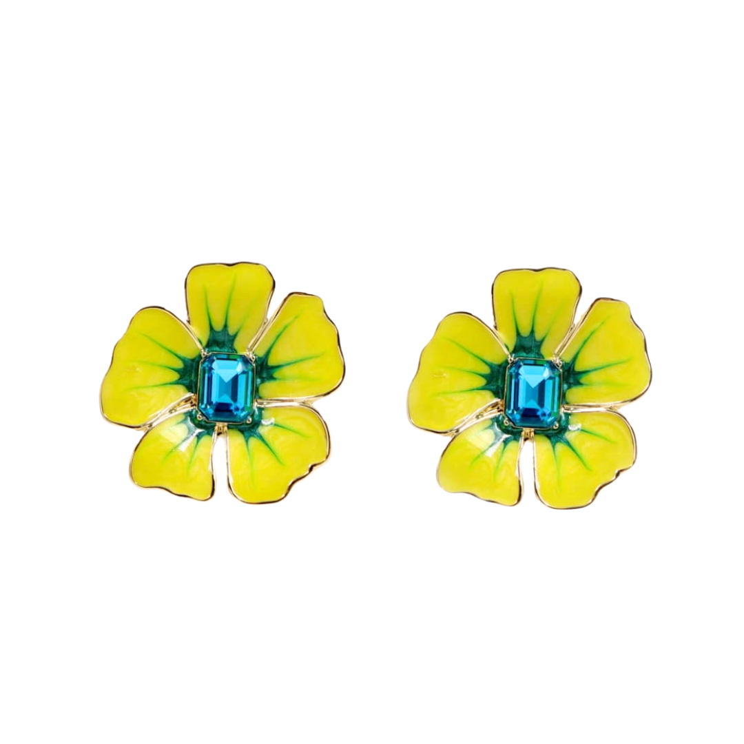 Hand Painted Yellow and Blue Hibiscus Earring