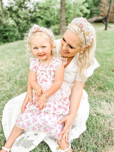 Adult Size Pink Tweed Headband with Flowers