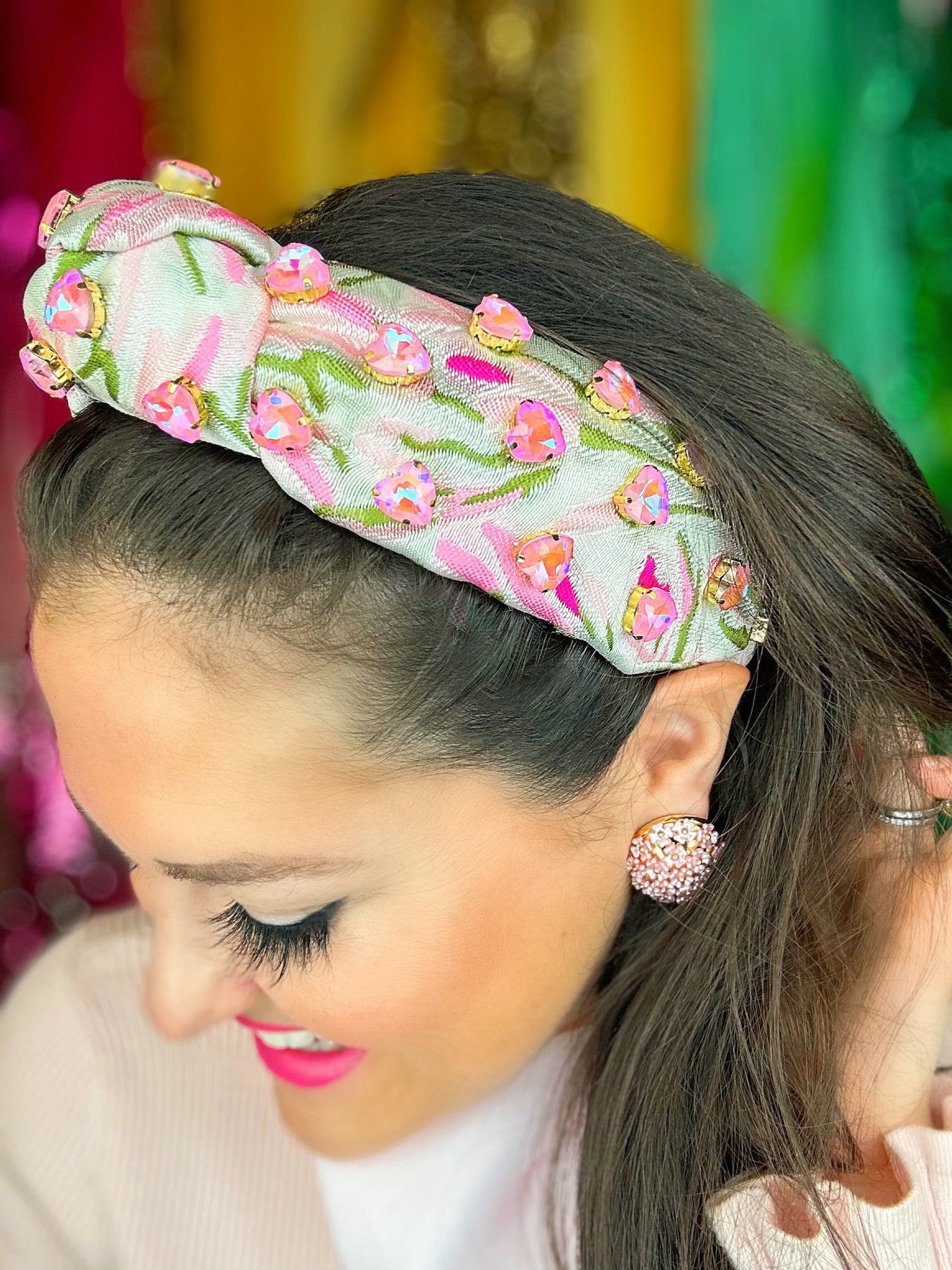 Garden Party Headband with Light Pink Heart Crystals